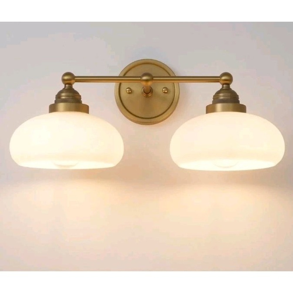 2-Lights Milk White Glass Wall Sconce Lighting Brass Finished, Double Arm Bat...